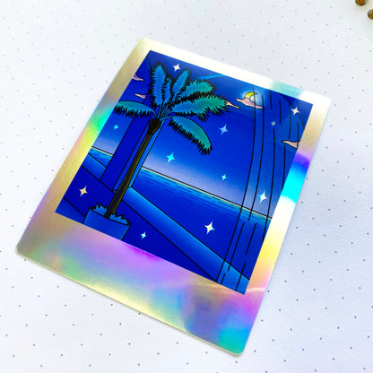 Sticker Holographique Polaroid | Vue nocturne sur l'océan