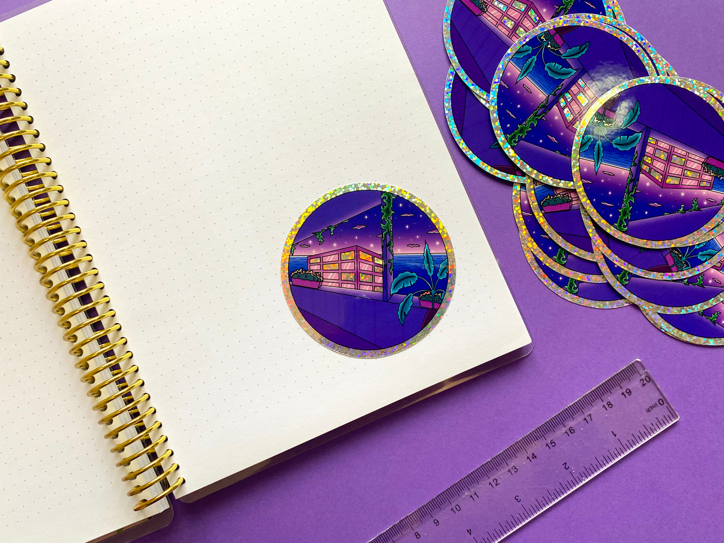 Stickers Glitters Holographique - "Night Ocean view plant and city" - Violet