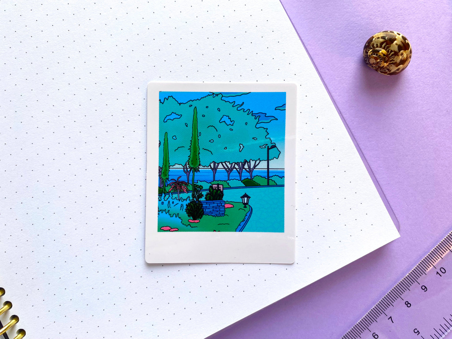 Glossy Waterproof Sticker - Polaroid "Morning walk in the garden"