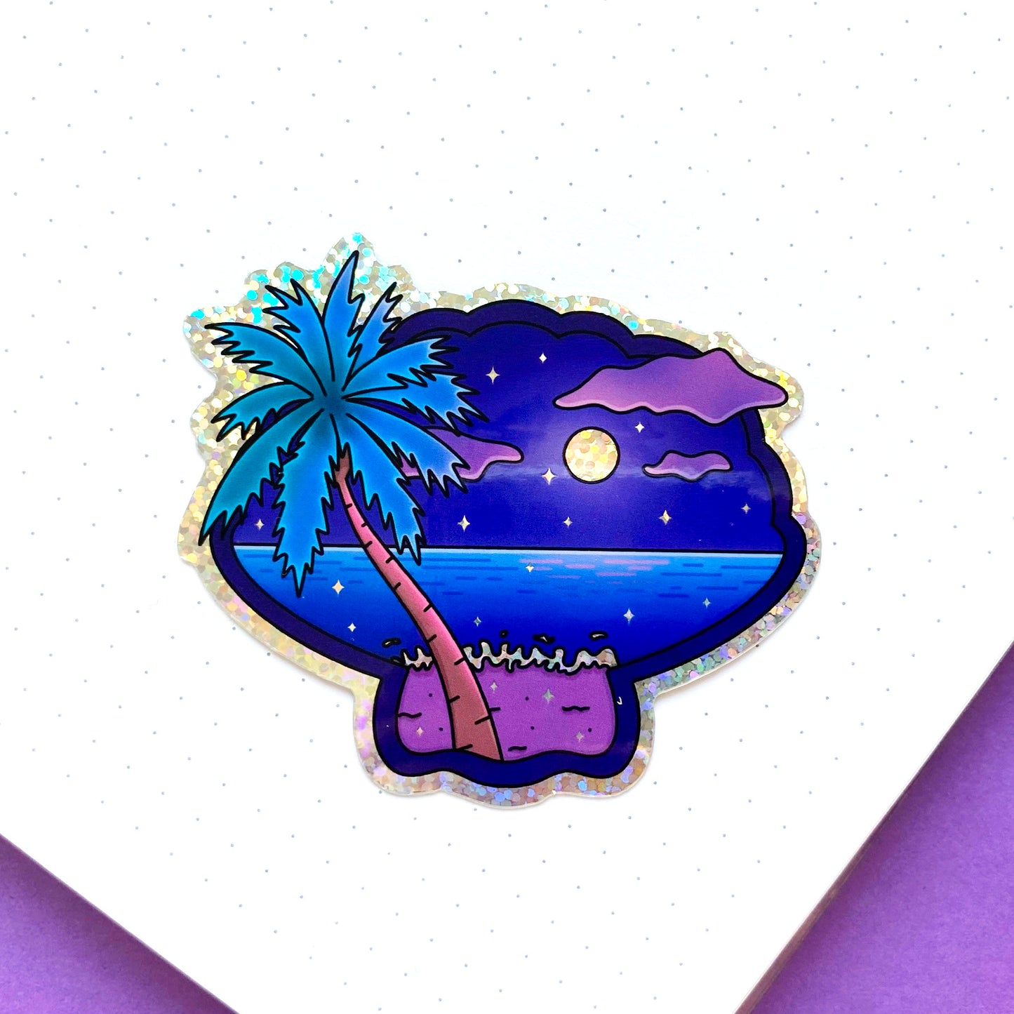 Holographic glitters seashell-shaped sticker - Late Night Vibes | Night view of the ocean with palm tree and starry sky