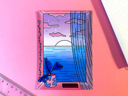 A6 Postcard | Art Print Vaporwave "Ocean View" Pink and Blue