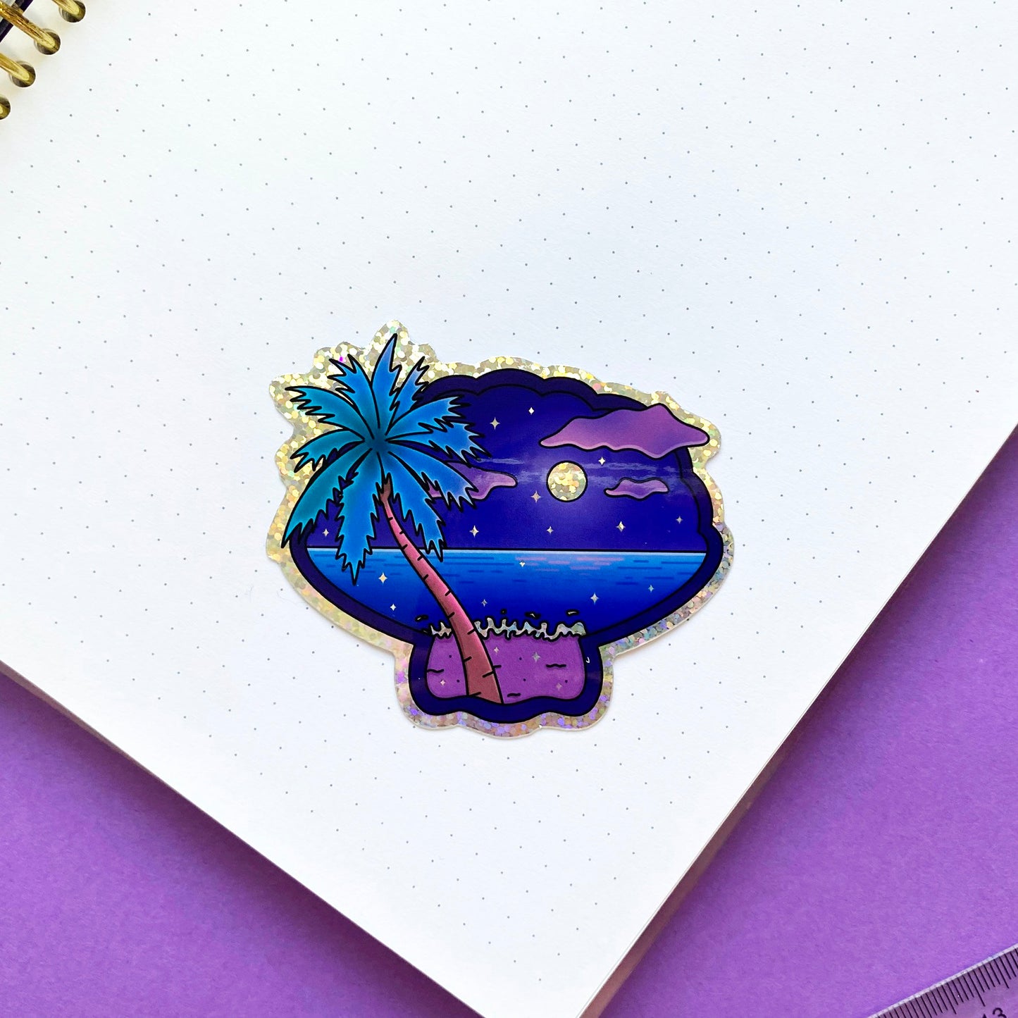 Holographic glitters seashell-shaped sticker - Late Night Vibes | Night view of the ocean with palm tree and starry sky
