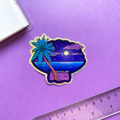 Holographic glitters seashell-shaped sticker - Late Night Vibes | Night view of the ocean with palm tree and starry sky