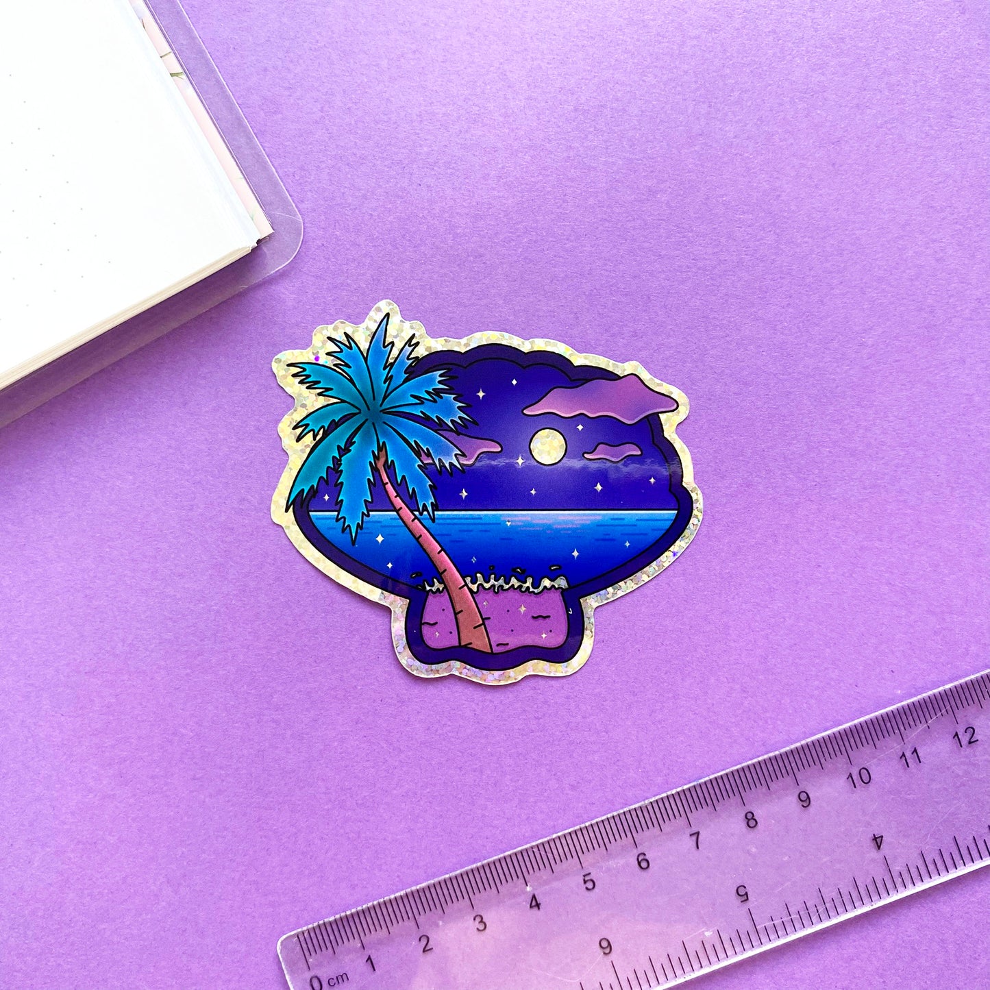 Holographic glitters seashell-shaped sticker - Late Night Vibes | Night view of the ocean with palm tree and starry sky