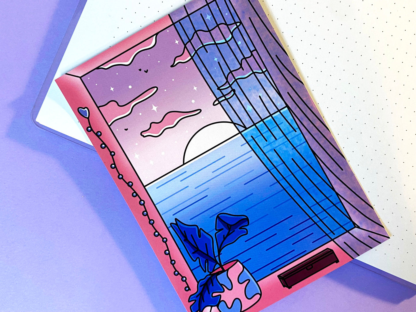 A6 Postcard | Art Print Vaporwave "Ocean View" Pink and Blue