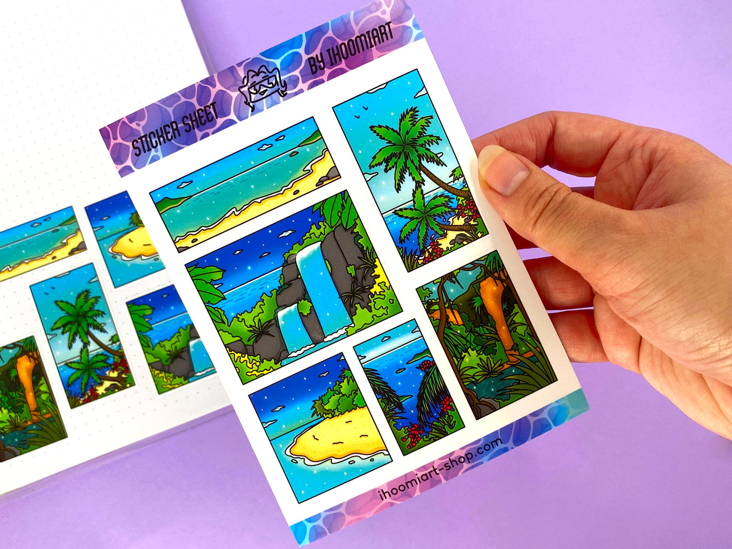 Tropical Exploration A6 Sticker Sheet | Island, jungle and ocean view