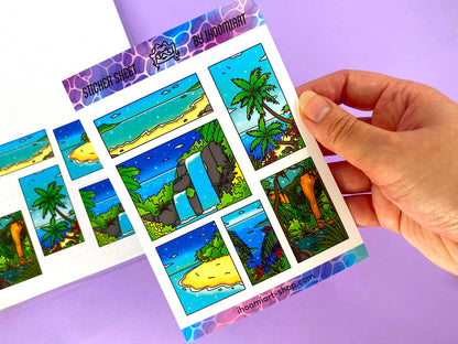 Tropical Exploration A6 Sticker Sheet | Island, jungle and ocean view