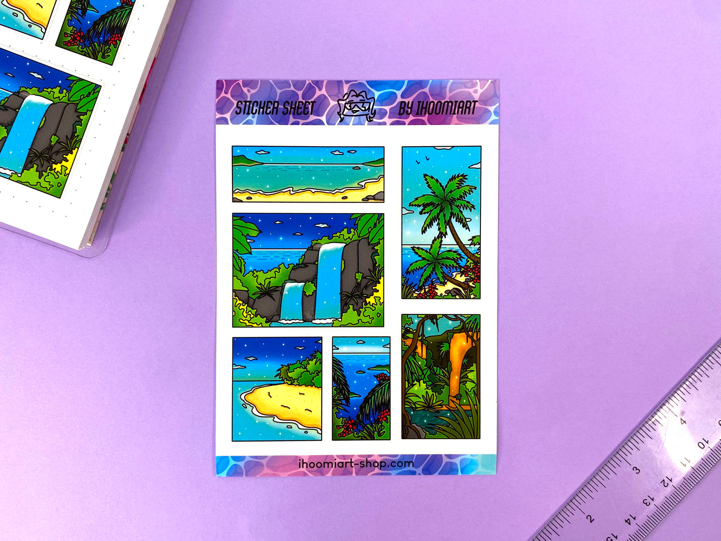 Tropical Exploration A6 Sticker Sheet | Island, jungle and ocean view