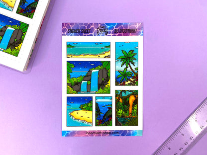 Tropical Exploration A6 Sticker Sheet | Island, jungle and ocean view