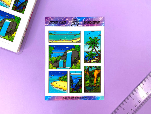 Tropical Exploration A6 Sticker Sheet | Island, jungle and ocean view