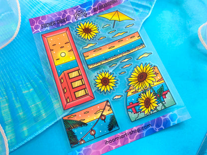 Hot Summer A6 Clear Sticker Sheet | Summer day landscape and Sunflower View