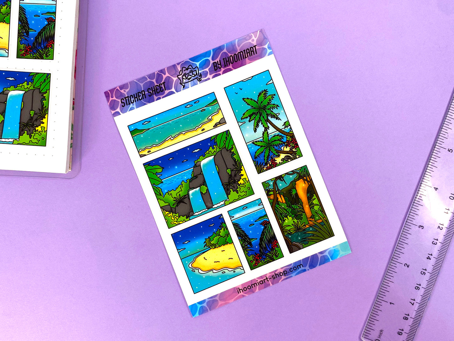 Tropical Exploration A6 Sticker Sheet | Island, jungle and ocean view