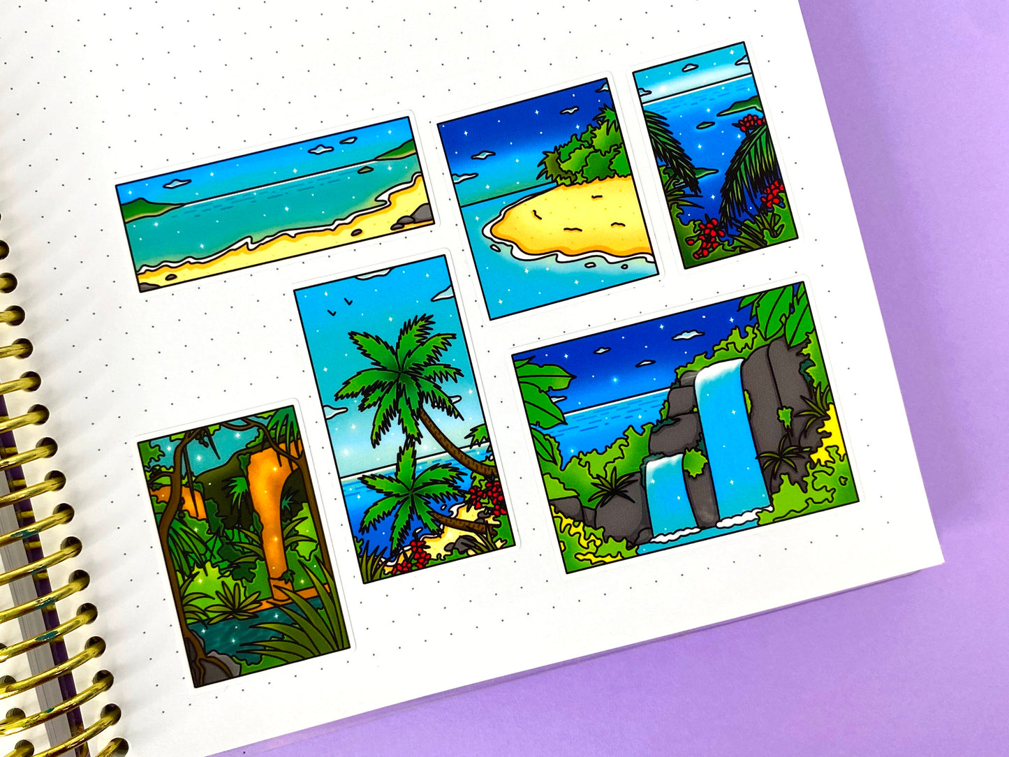 Tropical Exploration A6 Sticker Sheet | Island, jungle and ocean view