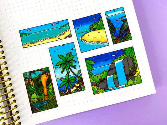 Tropical Exploration A6 Sticker Sheet | Island, jungle and ocean view