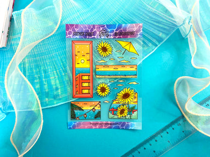 Hot Summer A6 Clear Sticker Sheet | Summer day landscape and Sunflower View