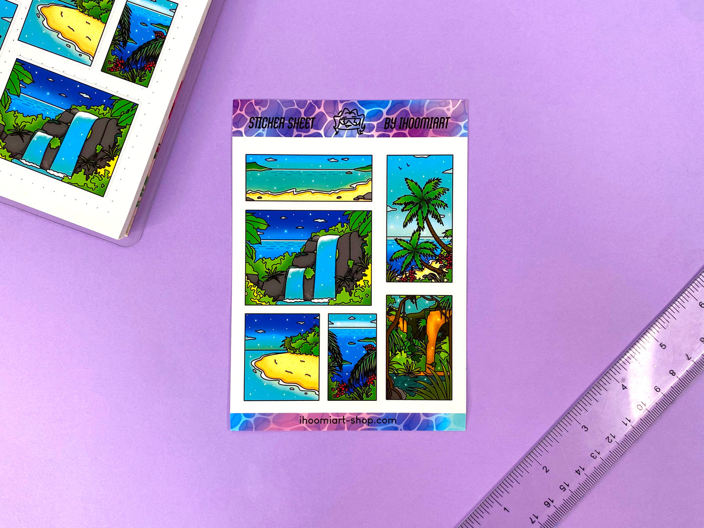 Tropical Exploration A6 Sticker Sheet | Island, jungle and ocean view