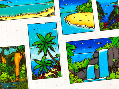Tropical Exploration A6 Sticker Sheet | Island, jungle and ocean view