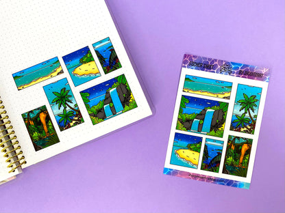 Tropical Exploration A6 Sticker Sheet | Island, jungle and ocean view