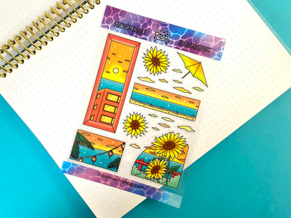 Hot Summer A6 Clear Sticker Sheet | Summer day landscape and Sunflower View