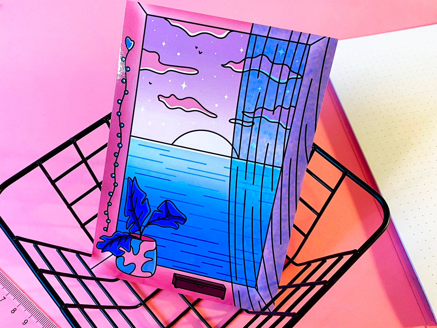 A6 Postcard | Art Print Vaporwave "Ocean View" Pink and Blue