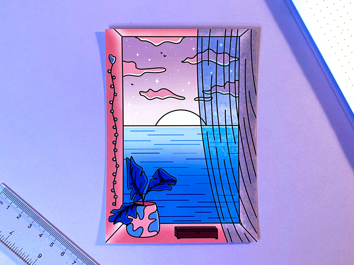 Carte Postale A6 | Art Print Vaporwave "Vue sur l'océan" Rose et bleu