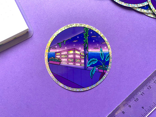 Holographic Glitters Sticker - Night Ocean view plant and city