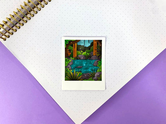 Stickers Polaroid Tropical Exploration | Ruines et rivière au cœur de la jungle