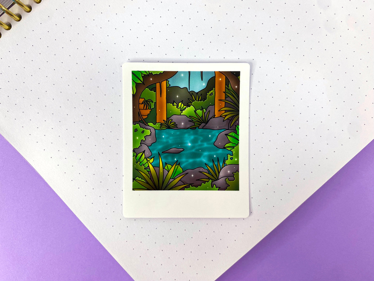 Stickers Polaroid Tropical Exploration | Ruines et rivière au cœur de la jungle
