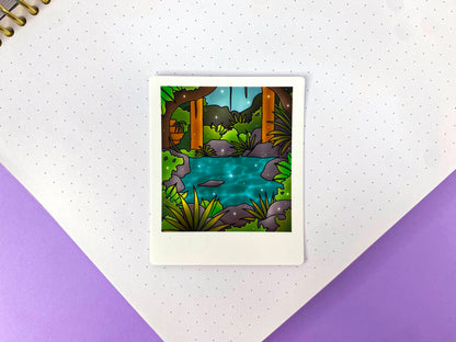 Stickers Polaroid Tropical Exploration | Ruines et rivière au cœur de la jungle
