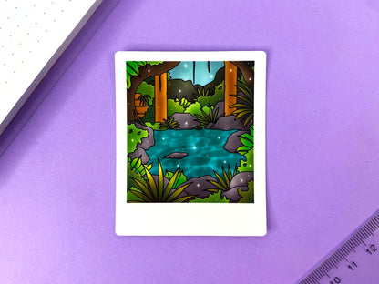 Stickers Polaroid Tropical Exploration | Ruines et rivière au cœur de la jungle