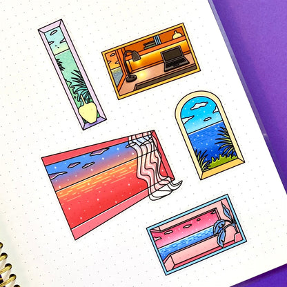 Clear Sticker Sheet | Vaporwave window, view & ocean