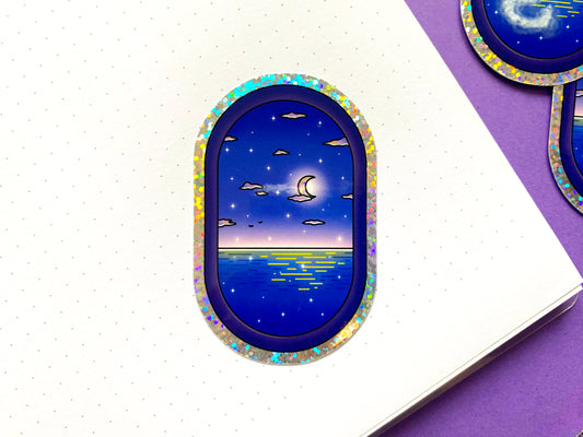 Holographic Glitters Sticker - Night Ocean fly view