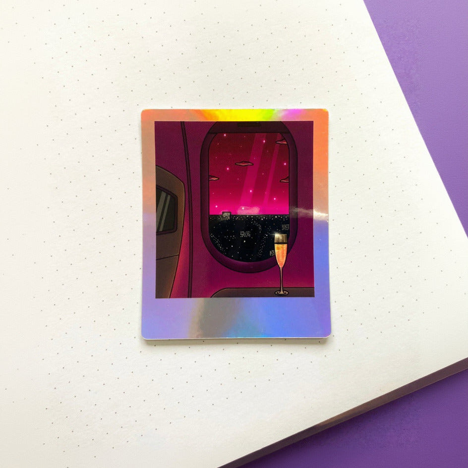 holographic sticker polaroid with illustration in a plane at night, dreamy aesthetic