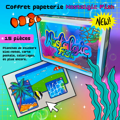 Coffret Cadeau Papeterie Nostalgic Fish – 15 pièces | Stickers Holographiques, Bloc-notes, Frutiger Aero | ihoomiArt