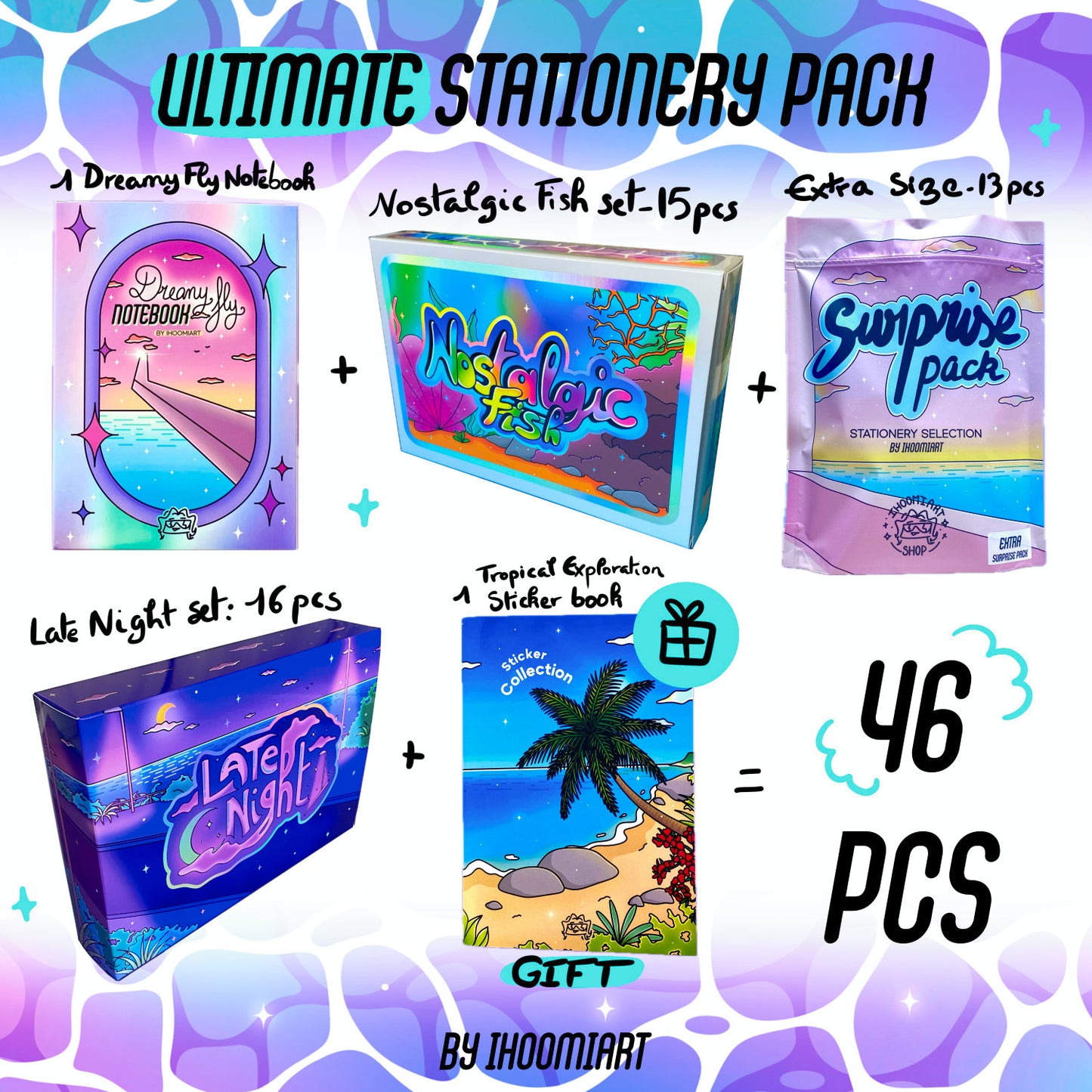 Ultimate Stationery Discovery Pack – 46 pieces | 3 Boxes + Mystery Bag + Free Sticker Book | ihoomiArt